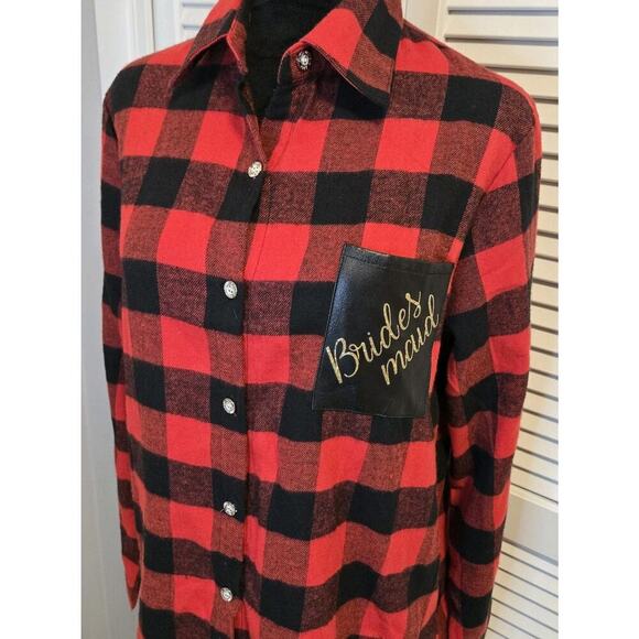 Upcycled Red Buffalo Plaid BRIDESMAID Button Flannel MED Long Wedding Party - Picture 1 of 8